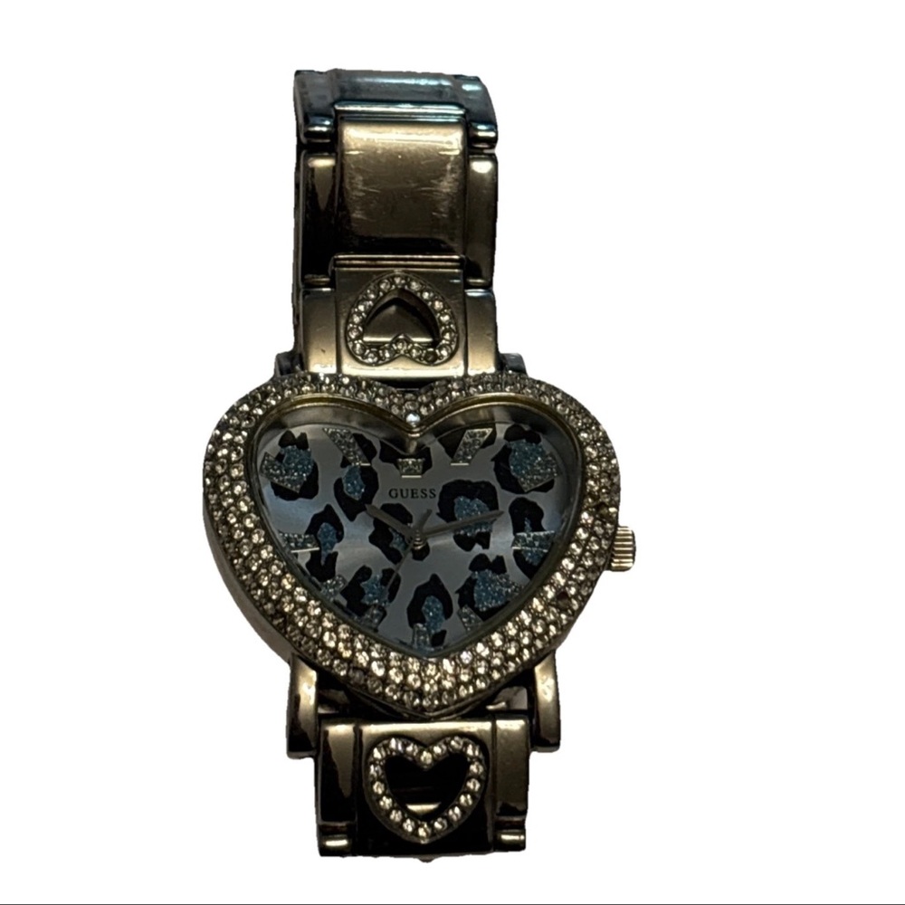 Guess W12508L2 Silver Tone Heart Shape Leopard Blue Quartz Analog 41mm Watch VTG